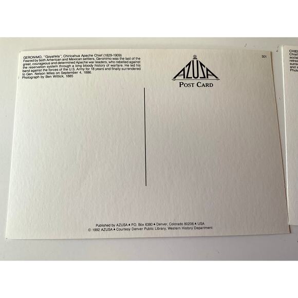 1991 & 1992 AZUSA Postcards Chief Joseph & Geronimo - Picture 7 of 9